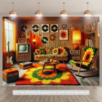 1pc, 2Dflat, Retro 60s/70s Music Party Backdrop - with Vinyl Record and Floral Power Design - Indoor/Outdoor Decor, wsj 47.2x31.5inch/120*80cm