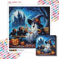 Diamond Painting Kit Cute Ghost Raven Pumpkin Castle Design DIY 5D Full Drill Canvas Art Relaxing Bedroom Wall Decor Round 20x20cm