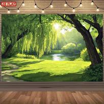 2D plane 1 piece of a sunny forest scenery background cloth with green plants trees and paths - peaceful natural background 47.2x31.5inch/120*80cm