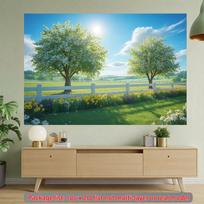 2D plane, sunny spring scenery, blooming trees and white fences, living room and party decorations, polyester fiber (as the picture,100x150cm)
