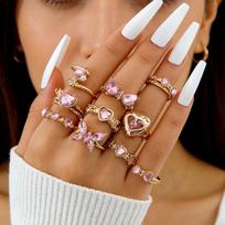10Pcs/Set Pink Crystal Open Rings Bow Design Mix Style Rings New Heart Butterfly Rings  Korean Style B