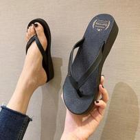 High-heeled Platform Flip Flops Slope with Ladies Non-slip Clip Drag Tide Beach Sandals Slippers 40 juoda
