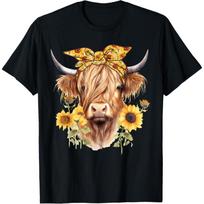 Cute Scottish Highland Cow Wearing Sunflower Bandana Heifer T-Shirt S juoda