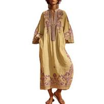 Moteriška laisvalaikio boho maxi suknelė, bohemiška siuvinėta vasarinė ilga suknelė, 3/4 rankovės, V formos iškirptė, plazdenanti, su kišenėmis, atostogų apranga S šviesiai geltonos spalvos