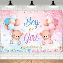 Blue and pink bear gender revealing background with cute teddy bear, balloon, and floral designs 47.2x31.5inch/120*80cm