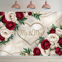 An elegant  Mr. And Mrs.  heart-shaped floral background - red and white roses gold decorations 47.2x31.5inch/120*80cm