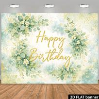2D planar watercolor style birthday party backdrop surrounded by eucalyptus wreaths white flowers and golden leaves. 47.2x31.5inch/120*80cm
