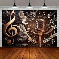 1 piece dreamy music party backdrop fabric including microphone and musical note pattern decoration polyester banner 47.2x31.5inch/120*80cm