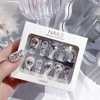 Medium Coffin Press on Nails with Rhinestones Designs Reusable Full Cover Glue on Fake Nails Press ons Artificial False Nails Stick on Nails for Women