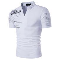 Vyriški stovimos apykaklės V formos iškirptės trumparankoviai liekni marginti kasdieniai vasariniai Henley marškinėliai Streetwear viršutiniai drabužiai S balta
