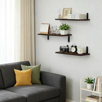 Sieninės pakabinamos lentynos, 3 vnt. medinių stilingų rudų 40x15 cm rinkinys — knygų lentyna, loftinė lentyna, svetainės dekoras, virtuvės lentynos, sieninis gėlių stovas, pušies baldai, prieskonių lentyna