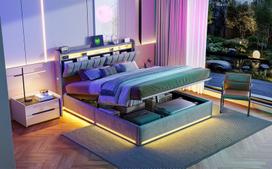 Dvigulė lova 140 x 200 cm, apmušta lova su LED apšvietimu, USB jungtimi, galvūgaliu su daiktadėže paaugliams ir suaugusiems, pilkas aksomas