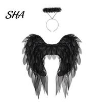 Black Fallen Angel Wings Feather Wing for Women Girls, Soft Organza Costume Accessory Elastic Strap with Headband Photo Booth, Halloween Cosplay B