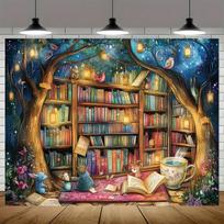 Magijos Miško Skaitymo Kampelio Fonas - Magiško miško dizainas su knygų lentynomis, gyvūnais ir žibintais 70.9x43.3inch/180*110cm brown