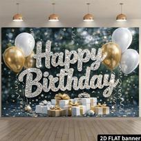 2D plane, luxurious birthday party backdrop fabric, with the word  Happy Birthday  in golden color, made of polyester fiber 100x150cm
