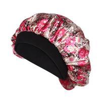 Fashion Floral Pattern Satin Sleep Bonnet Hair Loss Cover Head Wrap Shower Caps Elastic Wide Band Islamic Turban Hat Makeup Tool
