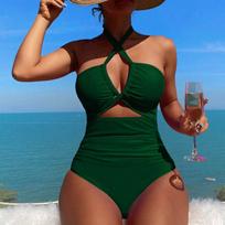 Moterų madingas seksualus vientisas maudymosi kostiumas-bikinis su paminkštintomis kaušeliais ir be lankelių M žalia