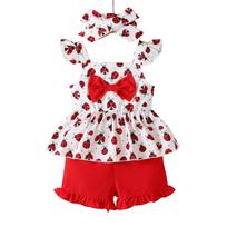 Fashion Baby Girl 3Pcs Summer Outfit Set Ladybug Print Ruffle Strap Top + Shorts + Bow Headband Casual Newborn Clothes for 0-3Y 6-9M raudona