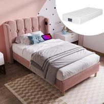 Minkšta lova 90x200 cm su USB Type-C ir grotelių pagrindu, rožinė (su čiužiniu)
