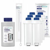 AquaFloow rinkinys kavos aparatams: 6 vandens filtrai + 250 ml kalkių šalinimo priemonė + valiklis, suderinamas su „Delonghi“.