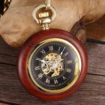 Unique Wood Case Mechanical Pocket Watch Hand Winding Steampunk Skeleton Fob Watches Chain Romans Necklace Pendant for Men Women juoda