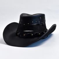 100% Leather Western Cowboy Hat For Men Wide Brim Gentleman Church Jazz Cap Cowgirl Hats Sombrero Hombre 58 juoda