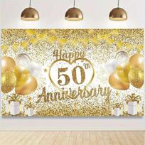 One 2D flat polyester 50th anniversary wedding backdrop and gold banner, wishing you a happy 50th anniversary, wsj 47.2x31.5inch/120*80cm