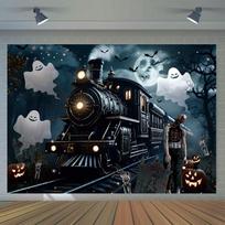 One set a Halloween backdrop depicting a train in a dark night featuring ghosts zombies and pumpkin lanterns. 47.2x31.5inch/120*80cm