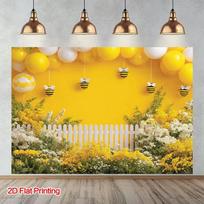 2D Printed Backdrop with Yellow Balloons, Bees, Flowers and White Fence 47.2x31.5inch/120*80cm