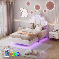 Lova 90 x 200 cm, Viengulė lova, Reguliuojama LED aplinkos apšvietimo juosta, PU, ​​​​Balta