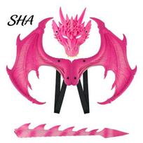 Drakono persirengimo rinkinys Vaikų kostiumų rinkinys, su kauke, uodega ir sparnais, lengvi patogūs Cosplay kostiumai, vaikams nuo 3 iki 12 metų, Helovino vakarėliui, 3D sparnai pink