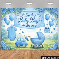 2D Plane Blue Color Baby Shower Background Fabric - Balloon Truck Theme Durable Polyester Material Baby Shower Party 47.2x31.5inch/120*80cm