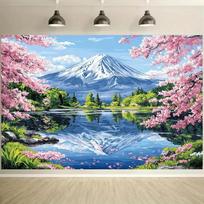 2D plane, cherry blossom with Mount Fuji background cloth, cherry blossom, lake reflection, suitable for party, polyester 100x150cm