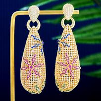 Luxury Waterdrop Flower Earrings Full Mirco Paved Cubic Zircon Naija Dubai Wedding Earring Fashion High End Jewelry 64*19MM brown