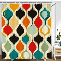 Mid-Century Geometric Shower Curtain – Wavy Shapes In Black, Red, Orange, Teal, Green & Cream, 1950S/60S Pop Art Style Polyester W60H190(CM)-1 Pcs