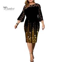 Autumn Dress Women Prom Lace Crew Neck Printed See-through Three Quarter Round Sleeves Dress-up Elegant Vintage Plus Size for Banquet Party 5XL juoda