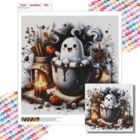 DIY Diamond Painting Canvas Cute Marshmallow Cocoa Cup Pattern 5D Rhinestone Art Kit for Home Wall Decor Crafting Round 20x20cm