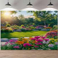 2D plane, stone path, lush flowers and landscape design, very suitable for families, polyester fiber (as the picture,100x150cm)