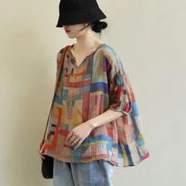 Oversized T Shirts Women Fashion Irregular Print Casual Thin T-shirt Artistic Short Sleeve Doll Shirt Summer Loose V-neck Tops XXXL oranžinė