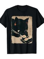 1pc Kawaii Cat Eating Sushi Graphic Tee - 100% Cotton, Crew Neck, Short Sleeve, L