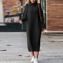 Womens Fall Sweaters Long Sleeve Pullover Loose Chunky Knitted Jumper Dress XS juoda