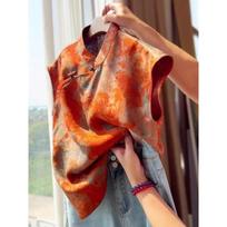 Women's Orange Chinese Style Blouse Mandarin Collar Frog Button Short Sleeve Retro Floral Casual Top S oranžinė