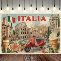 1pc, 2Dflat, featuring an Italian-themed backdrop with elements such as an arena, ice cream, vintage scooters, and pizza. (wsj) 47.2x31.5inch/120*80cm
