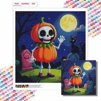 Diamond Painting Kit Cute Pumpkin Skeleton Cat Night Pattern DIY Full Drill Canvas Art Relaxing Handmade Gift for Craft Lovers Round 20x20cm