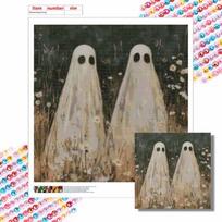 DIY Diamond Painting Canvas Cute Two Ghosts in Flower Field Pattern 5D Rhinestone Art Kit for Home Wall Decor Crafting Supplies Round 20x20cm