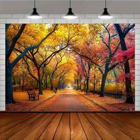 2D plane 1 autumn scenery piece vivid fallen leaves and bench path scene polyester material 47.2x31.5inch/120*80cm