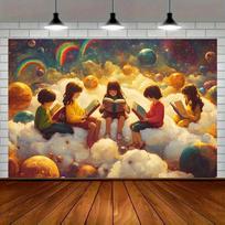 2D plane 1 vibrant space-themed reading party backdrop banner - extraordinary cosmic scene cloud reading 47.2x31.5inch/120*80cm