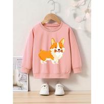 Kids Cartoon Corgi Print Crew Neck Sweatshirt - Regular Fit, Slight Stretch Fabric, Applique Detail, Ideal for Spring/Fall 110 rožinė