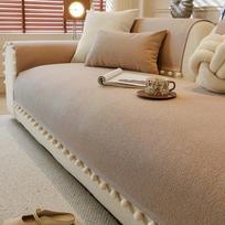 1pc Solid Texture Teddy Chenille Sofa Cover with Cute Fuzzy Balls Decor, for Living Room Couch Seat Pad All Seasons Sofa Towel 70*70cm chaki