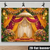 Gold-decorated lantern backdrop fabric with an Indian traditional theme featuring orange marigolds and pink roses 47.2x31.5inch/120*80cm